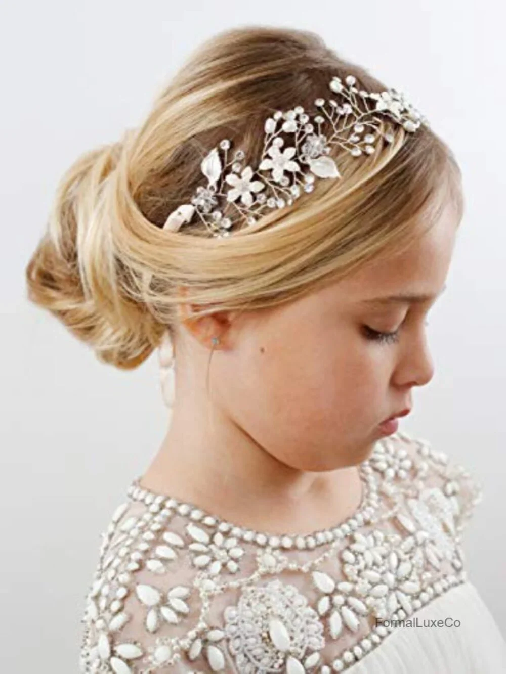 Flower Girl Headpiece Silver Princess Wedding Headband Pearl Hair Accessories